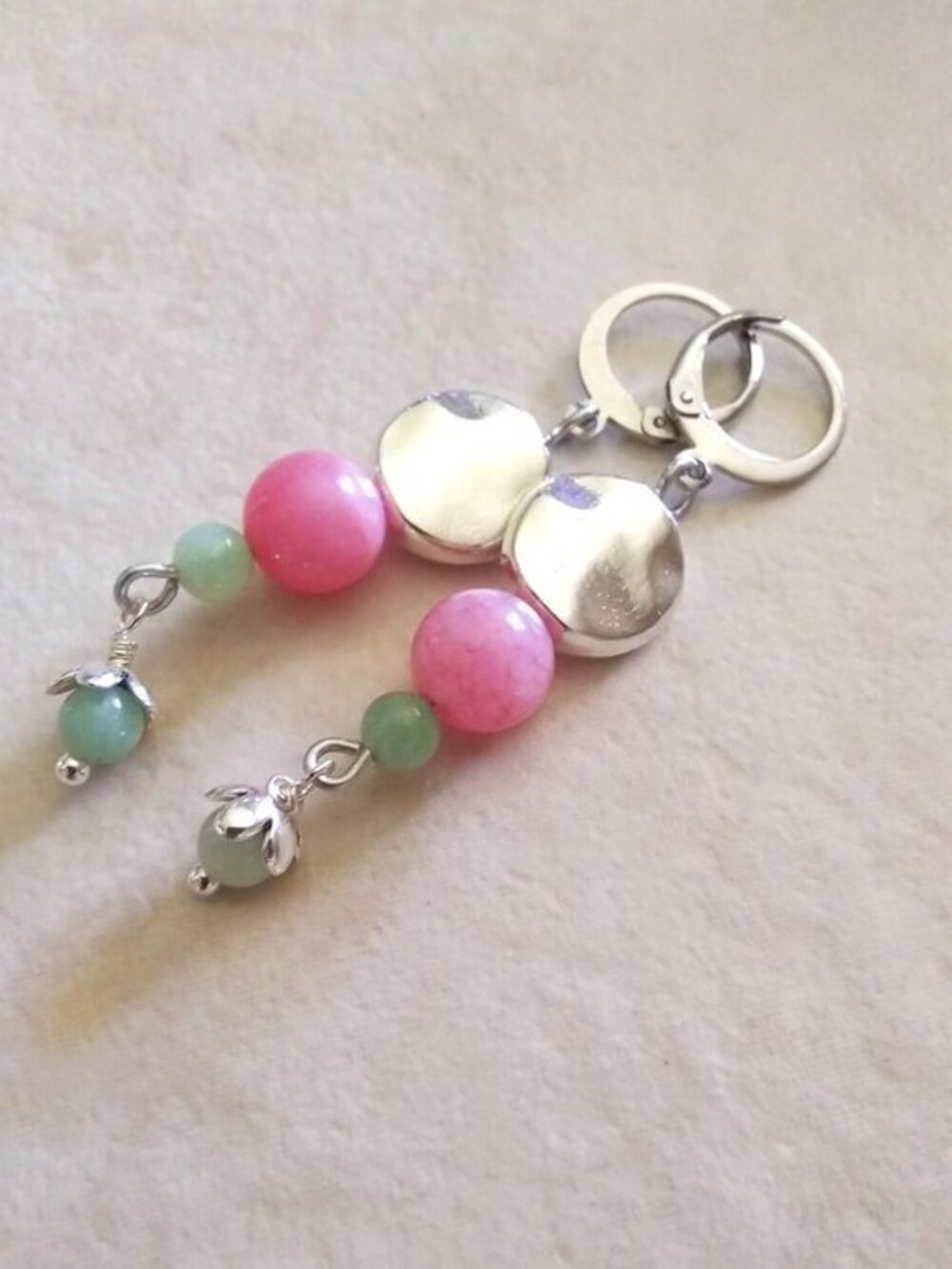 Handmade! Feminine Dangle Earrings - Pink Jade + Green Aventurine! Spring Summer